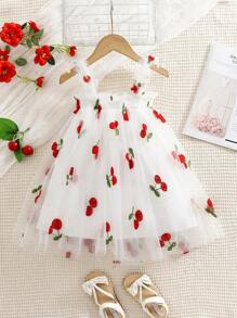Young Girl Summer Fashion Embroidered Tulle Puff Dress With Cute Suspender Straps - White - View 2