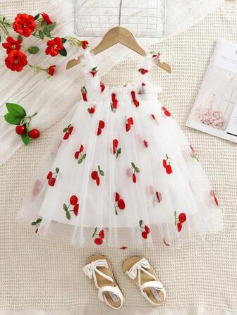 Young Girl Summer Fashion Embroidered Tulle Puff Dress With Cute Suspender Straps