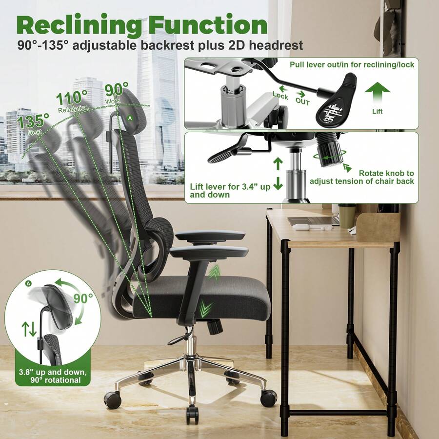 GINRGINR Ergonomic Office Chair, Adjustable High Back Mesh Chair With