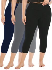 Plus Size 3 Packs Capris Leggings For Women Stretchy X-Large-5X Tummy Control High Waist Spandex Workout Yoga Pants Buttery Soft Summer Outfits - 彩色 - 查看 1