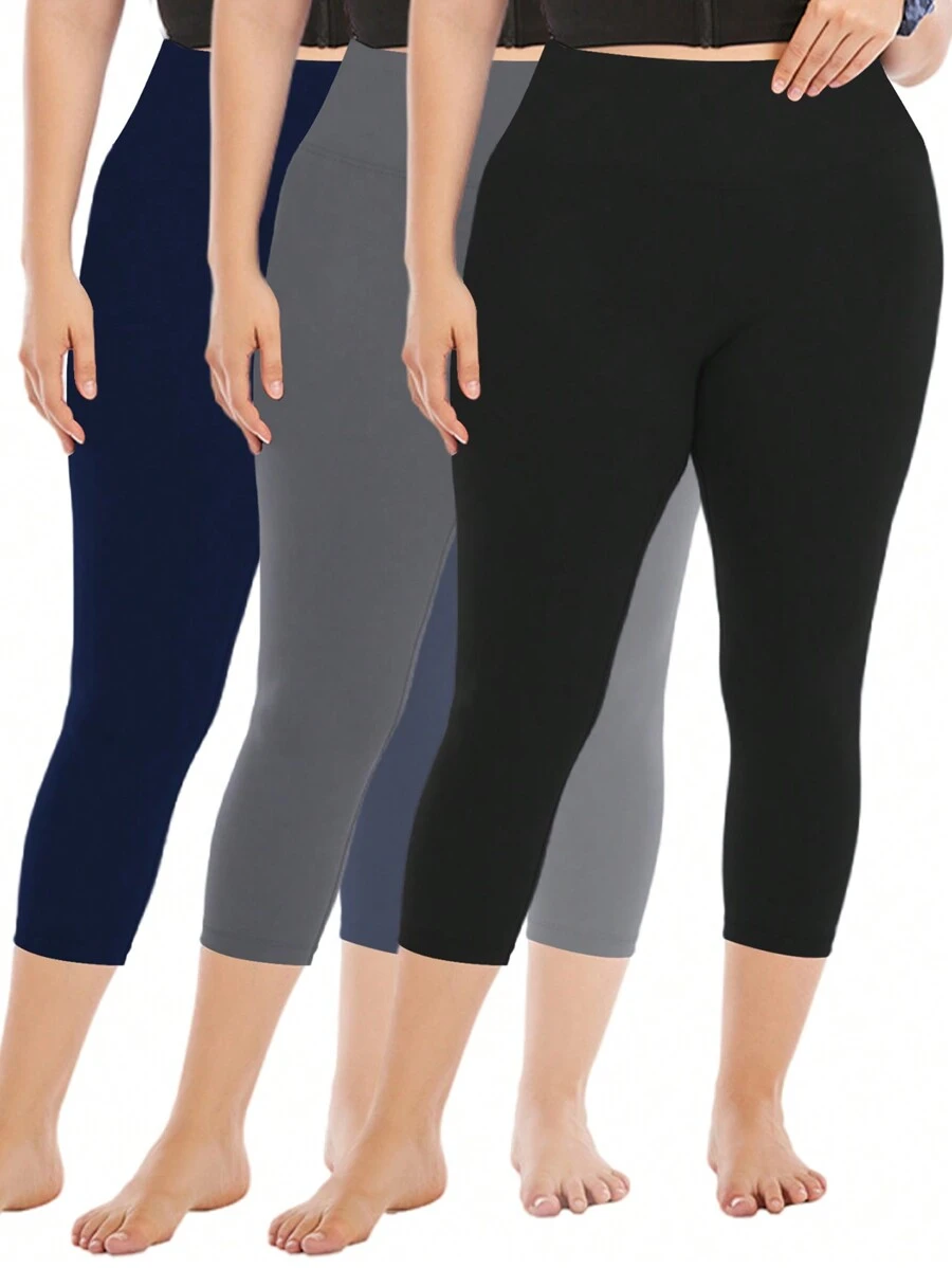 Plus Size 3 Packs Capris Leggings For Women Stretchy X-Large-5X Tummy Control High Waist Spandex Workout Yoga Pants Buttery Soft Summer Outfits - 彩色 - 查看 1
