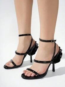 Women's  Ankle Strap Metallic Rose Heels - Single Round Toe Metallic/Holo, Patent Strappy High Heel For Special Events