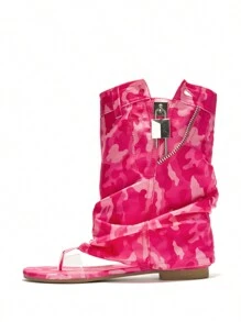 Women's  Slouchy Sandals With Zipper Detail - Single Round Toe Slip On Flat For Casual Stroll - Pink - View 6