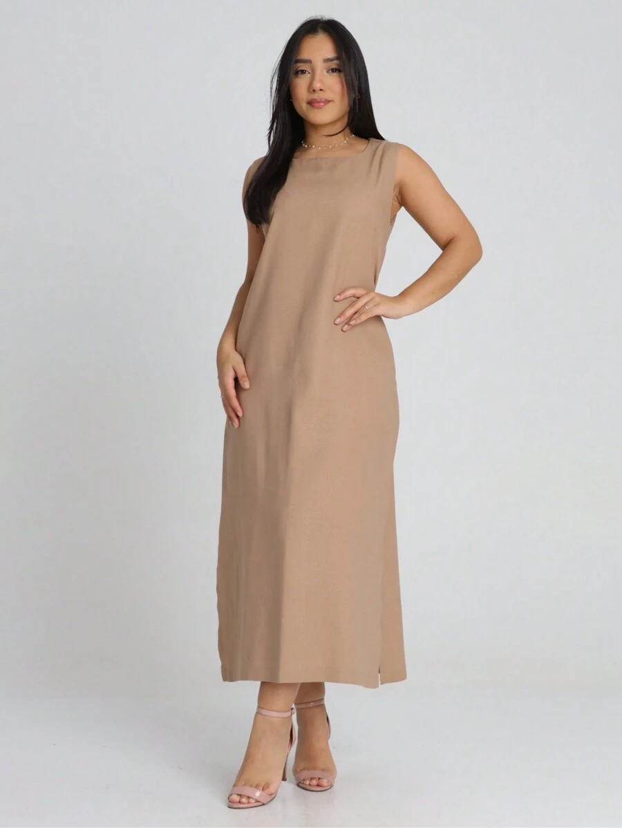 Vestido Linho Liso Feminino Longo Forrado Alça Larga Fenda Lateral Vestido Elegante