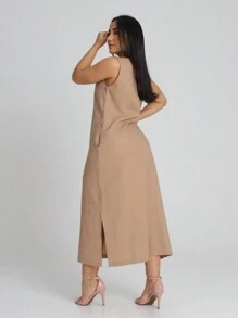 Vestido Linho Liso Feminino Longo Forrado Alça Larga Fenda Lateral Vestido Elegante - Caqui - Visão 3