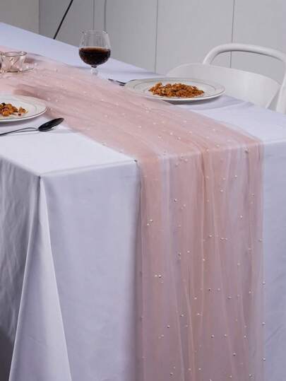 جرين ترنر / قماشة / ترنر طاولة لؤلؤ شبكي لتزيين الطاولة في حفلات الزفاف والمناسبات الفاخرة، غطاء طاولة من الشبكة الرقيقة