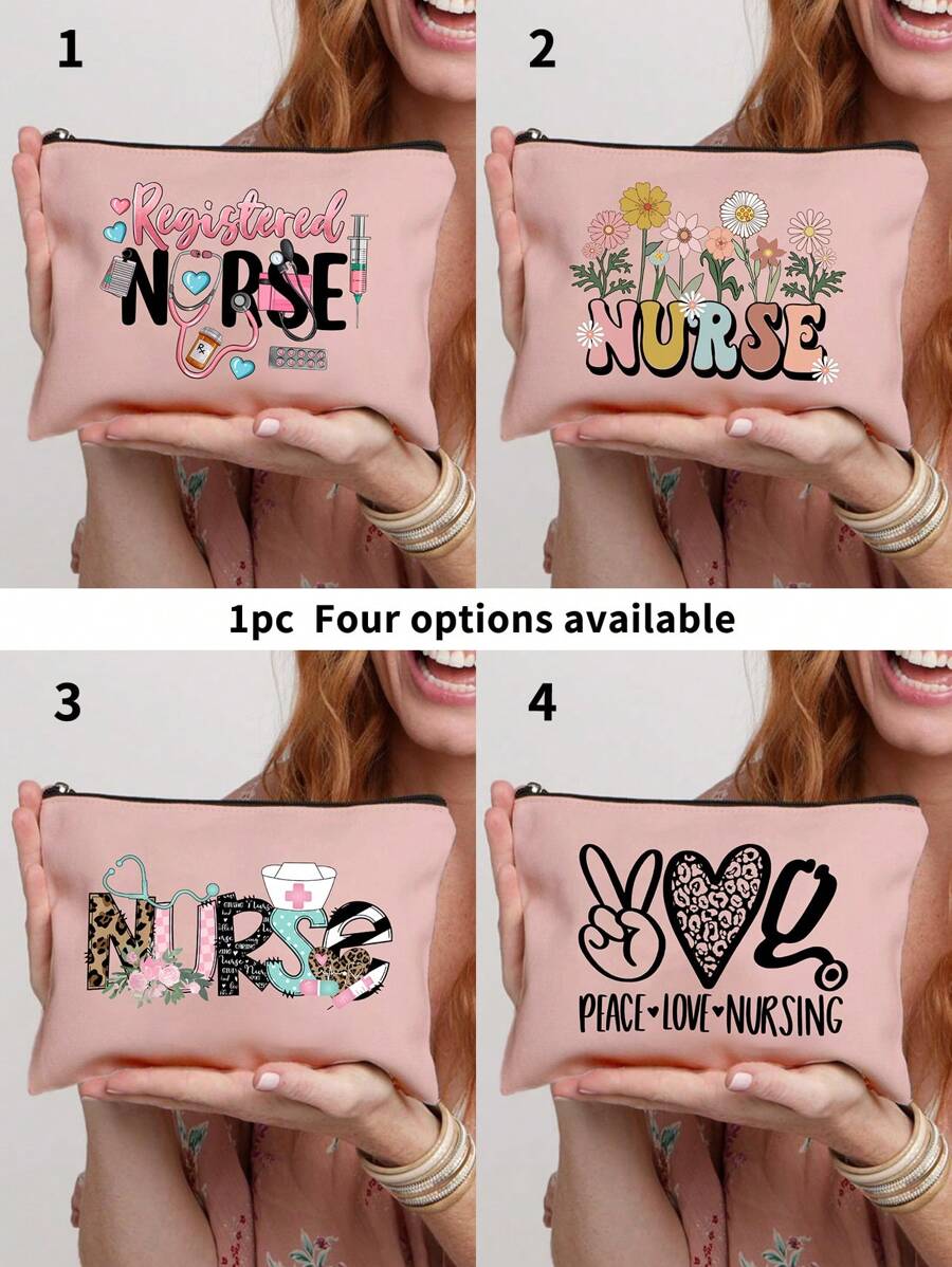 1pc Makeup Bag, Portable Toiletries Bag, Nurse Printed Women'S Portable Makeup Bag With Zipper Travel Bag Storage Box, Nurse Patterned Makeup Bag, Women'S Makeup Bag Travel Toilet Organizer, Back To School Doctor Teacher Gift, Love Flower Leopard Print Letter Pattern, Suitable For Daily Use, Appointments, Birthdays, Holidays, Back To School, Summer, Beach, Travel, Commuting, Students, Picnics, Camping, Daily Storage Makeup Bags Makeup Organizer Make Up Organizer Makeup Storage Makeup Pouch Make Up Pouch - Pink - View 1
