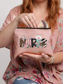 1pc Makeup Bag, Portable Toiletries Bag, Nurse Printed Women'S Portable Makeup Bag With Zipper Travel Bag Storage Box, Nurse Patterned Makeup Bag, Women'S Makeup Bag Travel Toilet Organizer, Back To School Doctor Teacher Gift, Love Flower Leopard Print Letter Pattern, Suitable For Daily Use, Appointments, Birthdays, Holidays, Back To School, Summer, Beach, Travel, Commuting, Students, Picnics, Camping, Daily Storage Makeup Bags Makeup Organizer Make Up Organizer Makeup Storage Makeup Pouch Make Up Pouch - Pink - View 3
