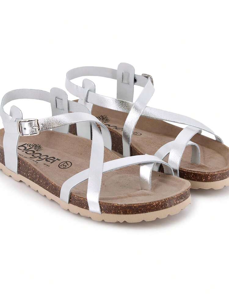 Blogger Sandalias planas con tiras con diseño asimétrico en piel con diseño asimétrico modelo   02 ✅ Entrega 24/72h a España (península)PLATA MUJER - Plateado - Añade 3