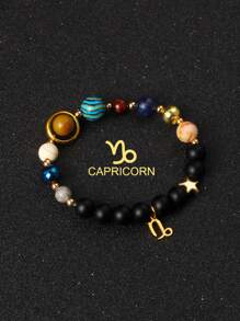 1 pieza Brazalete con universo, galaxia, ocho planetas, 12 constelaciones para mujer, de piedra natural, sistema solar, pulsera con signos del zodiaco Libra, Virgo, Leo, joyería de color dorado de acero inoxidable, colgante de constelación, regalo de joyería para parejas el Día de San Valentín