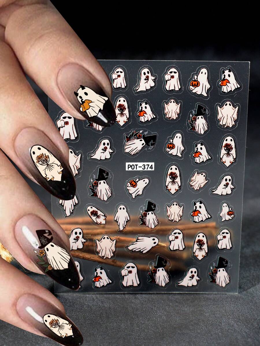 1入組萬聖節3D鬼怪卡通指甲貼紙，美麗花卉設計指甲貼紙，DIY或沙龍使用自粘指甲貼紙用品 - 彩色 - 查看 1