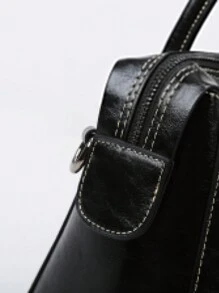 復古油皮手提包，雙拉鍊，大容量，簡約空間，歐美風格，肩帶手柄，適合女性日常通勤約會禮品 - 黑色 - 查看 10