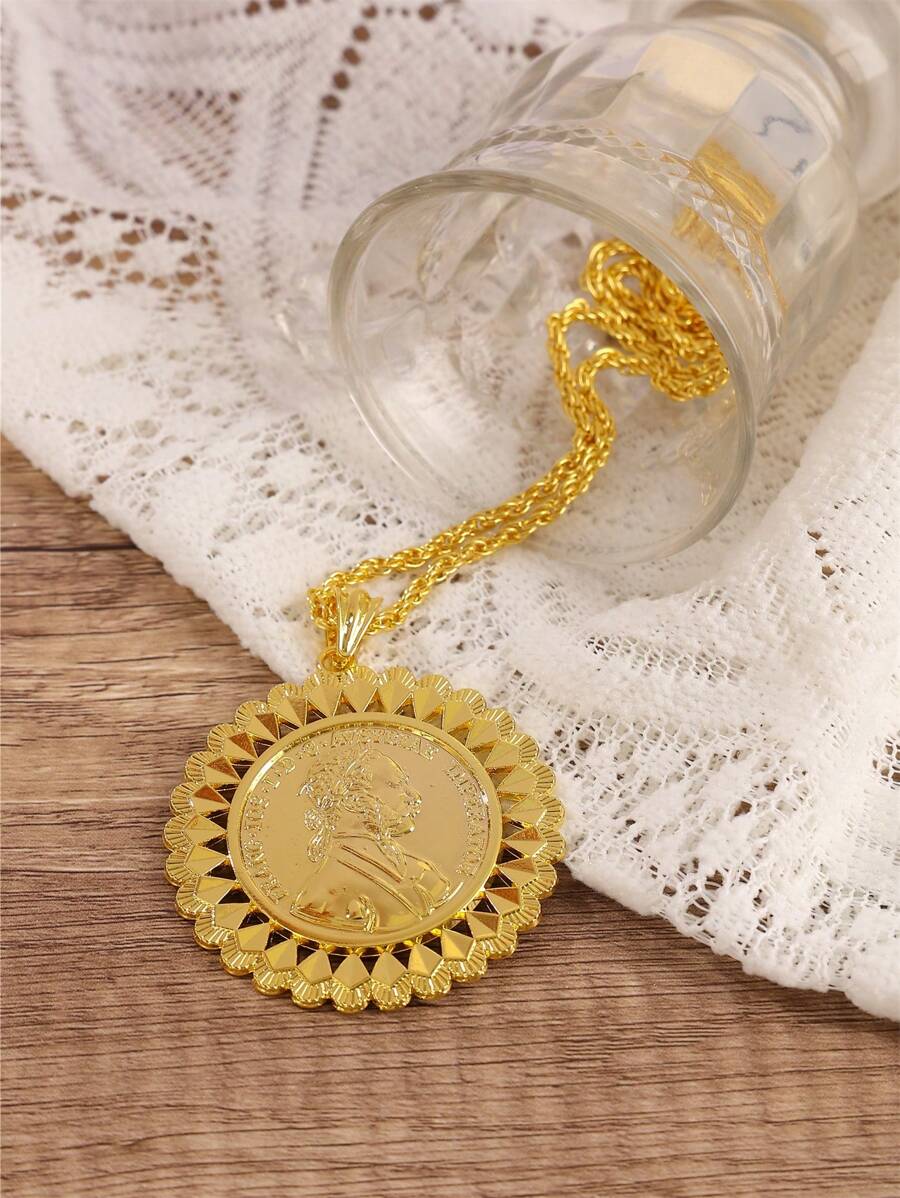 1pc Vintage Napoleon Coin Pattern Big Circular Pendant Necklace, Bridal Wedding Party Holiday Gift Neck Ornament - Necklace - View 1