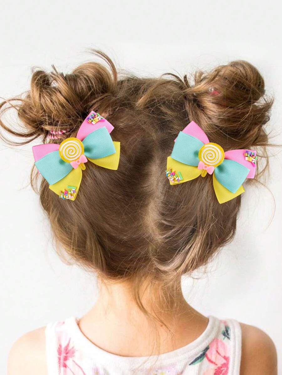 2pcs Candy Color Hair Bow Clips For Girls ,Multi-Bow Satin Ribbon Hairpins ,Alligator Clips ,Hair Accessories For Teen Teens - Multicolor - View 1