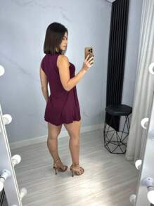 Women Short Dresses - 酒紅色 - 查看 2