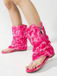 Women's  Slouchy Sandals With Zipper Detail - Single Round Toe Slip On Flat For Casual Stroll - Pink - View 4