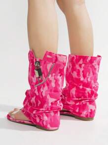 Women's  Slouchy Sandals With Zipper Detail - Single Round Toe Slip On Flat For Casual Stroll - Pink - View 5