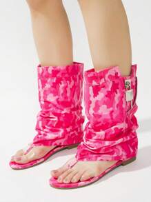 Women's  Slouchy Sandals With Zipper Detail - Single Round Toe Slip On Flat For Casual Stroll - Pink - View 3