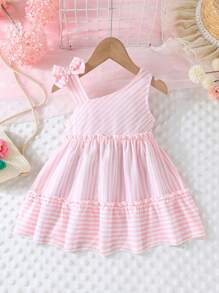 Baby Girls' Pink Striped Sleeveless Dress With Bowknot