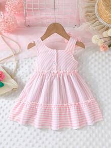 Baby Girls' Pink Striped Sleeveless Dress With Bowknot