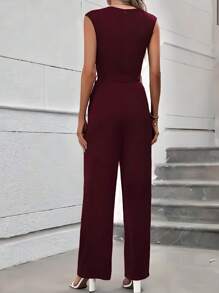 Mono Elegante Para Mujer Con Cintura Alta Y Cinturón Ajustable - Vino - Ver 3