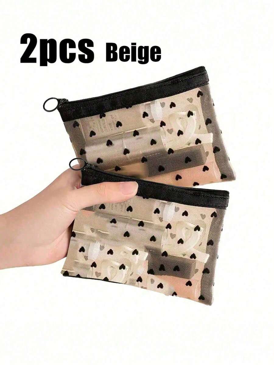 2入組時尚網狀心形化妝包，便攜式拉鍊化妝用品組織者，適合口紅、等隨身攜帶和旅行收納，迷你心型口紅收納袋（印刷風格隨機分配，前後方向相反） - 彩色 - 查看 1