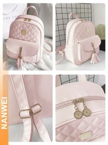 3 piezas Bolso de Mujer con Estampado Cuadrado de Diamante, Mochila de PU para Mujer, Mochilas Aesthetic con Correa Ajustable para el Hombro, Mochilas de Moda para Mujer, Impermeable Mochilas Bonitas - Rosa - Ver 3