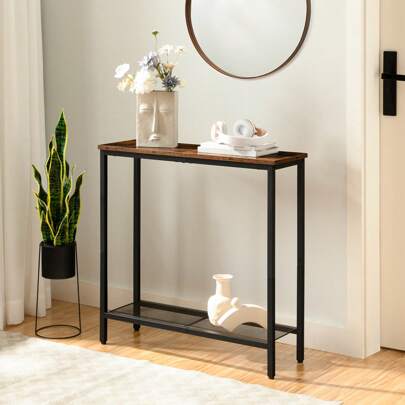 Console Table, Slim Console Table For Hallway, Entryway Table With 2 Shelves, Industrial Display Table, Slim Sofa Table For Living Room, Bedroom, Rustic Brown And Black