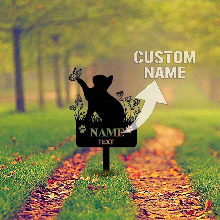 1 bucăți personalizat țăruș memorial pentru pisici, țăruș personalizat pentru nume de pisică, pisică de primăvară din metal cu marcator mormânt cu fluturi și flori, cadou pentru pierderea pisicilor, decor de grădină pentru pisici