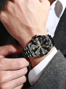 VA VA VOOM 男士时尚奢华风水水钻石英表，带双日历机芯，不锈钢和金色铆钉设计，蓝色表盘和夜灯，休闲和商务风格，可作为返校学生的礼物