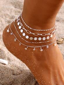 HEI DIAO 5pcs Simple & Fashionable Personalized Exquisite Shiny Multi-Element Chain Combination Stacking Anklet Set For Women & Couples, Suitable For Holiday Gifts, Parties And Daily Wear - Silver - View 20