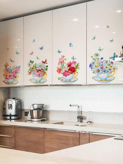 1set Flower Print Wall Sticker, PVC Waterproof Wall Art Decal For Home Decor, Stickers, Wall Decal, Vinyl Decal For Home Decorations, Spring Decoration Items Refresh Your Home, Festival Decoration Stickers Gifts Birthday Graduation Kitchen Decor
