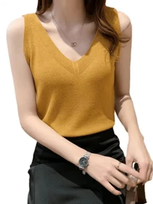 Women Plain Minimalist Knitted Vest - Yellow - View 2