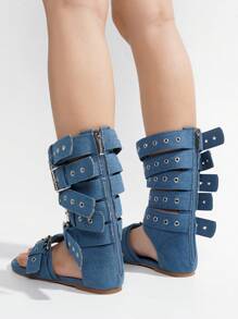 Women's Denim Belt Buckled Flat Sandals – Single Round Toe Slouch Gladiator Style With Multi-Strap Detailing - Màu xanh lam - Xem 4