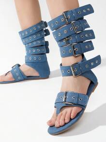 Women's Denim Belt Buckled Flat Sandals – Single Round Toe Slouch Gladiator Style With Multi-Strap Detailing - Màu xanh lam - Xem 5