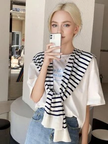 女士条纹针织混纺披肩，1 件装，兼具防晒和装饰功能，适合时尚经典场合，户外防晒、度假旅行必备。 - 彩色 - 查看 2