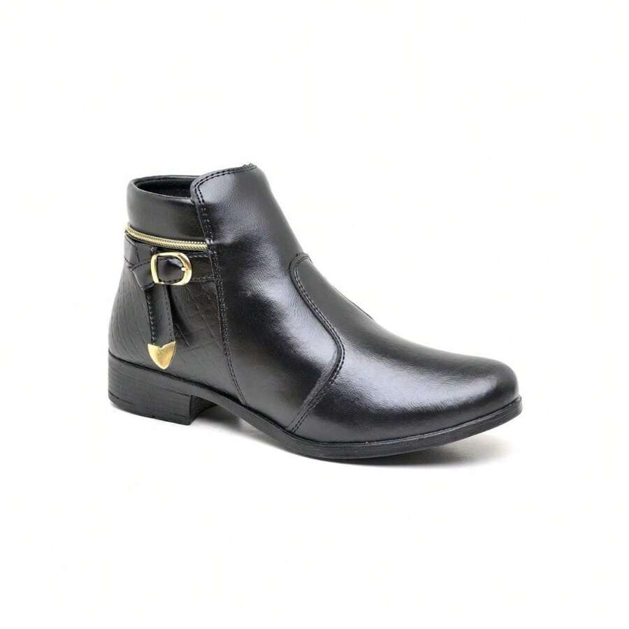 Bota Feminina Coturno Cano Curto Fivela Exclusiva, Bota com aplique bota salto baixo - Preto - Visão 1