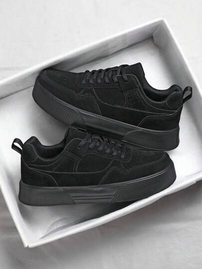 Men's Fashionable Outdoor Travel Lace-Up Comfortable Black Casual Sports Shoes, Solid Color Patchwork Walking Shoes, Formal Dress Shoes