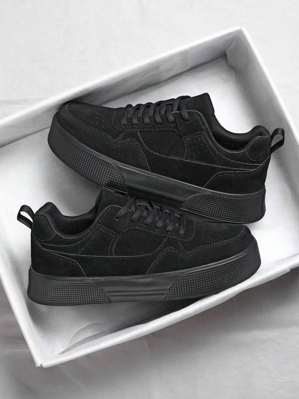 Zapatos casuales deportivos negros cómodos con cordones para hombres, ideal para viajes al aire libre. Zapatos de caminar de unicolor con parches, zapatos formales de vestir.