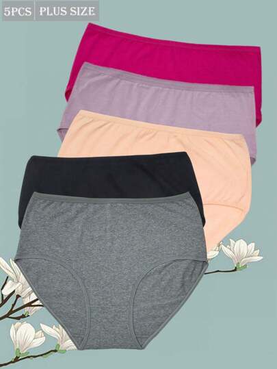 5 piezas/paquete Bragas de talla grande de unicolor simple de cintura alta con estiramiento para mujeres de talla grande