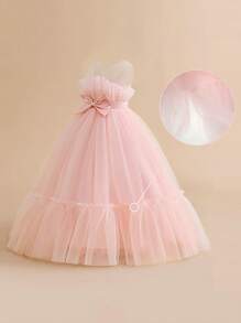 Tween Girl Solid Color Waist Bow Long Tulle Princess Dress, Elegant, Suitable For Party, Prom, Wedding, Does Not Include Headband - 淺粉色 - 查看 5