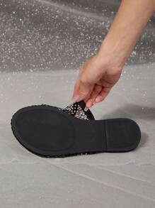 Women's Flat Sandals With Hollow Out Rhinestones, 2025 Summer New Arrival, Non-Slip Beach Vacation Shoes, Black & Apricot, Plus Size, Slip-On, Fashion, Elegant, Luxurious, Suitable For Music Festival, Punk, Sexy