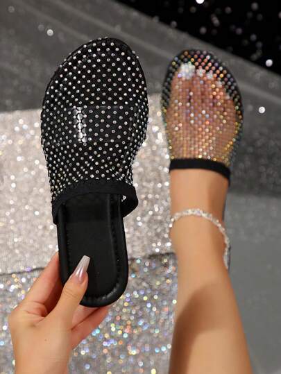 Women's Flat Sandals With Hollow Out Rhinestones, 2025 Summer New Arrival, Non-Slip Beach Vacation Shoes, Black & Apricot, Plus Size, Slip-On, Fashion, Elegant, Luxurious, Suitable For Music Festival, Punk, Sexy