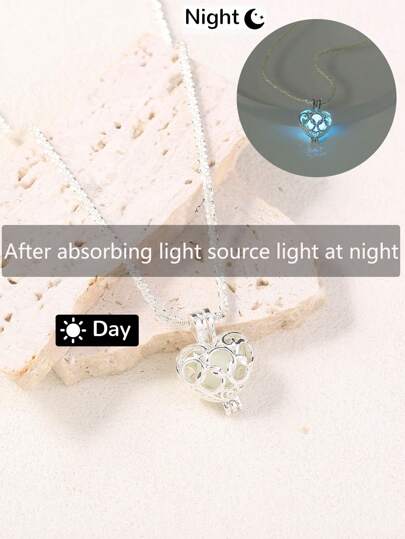 1pc Fashion Creative Love Shiny Silver Plated Hollow Glow In The Dark Heart Pendant Necklace, Necklace Needs Light Absorb To Glow (Will Not Glow Without Light Absorption)