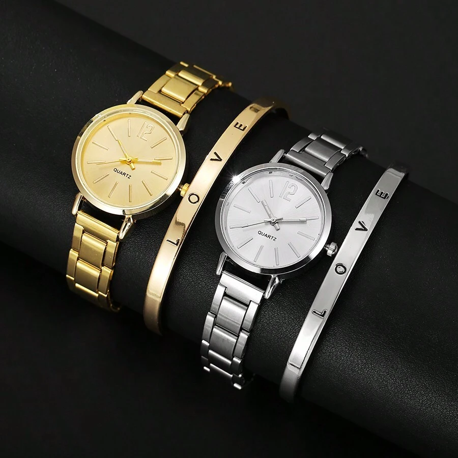 4 cái/bộ Đồng hồ đeo tay nữ sang trọng Vòng tay vàng bạc Ms Quà tặng cho mẹ và cô ấy - Vàng - Xem 1