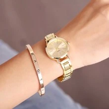 4 cái/bộ Đồng hồ đeo tay nữ sang trọng Vòng tay vàng bạc Ms Quà tặng cho mẹ và cô ấy - Vàng - Xem 3