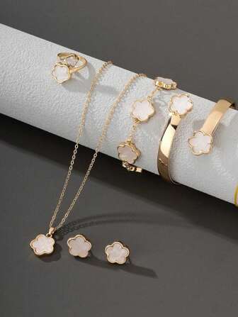 6 件套幸运四叶草首饰套装 - 包括手链、项链、耳环、戒指、手镯 - 复古度假风格金色女士配饰