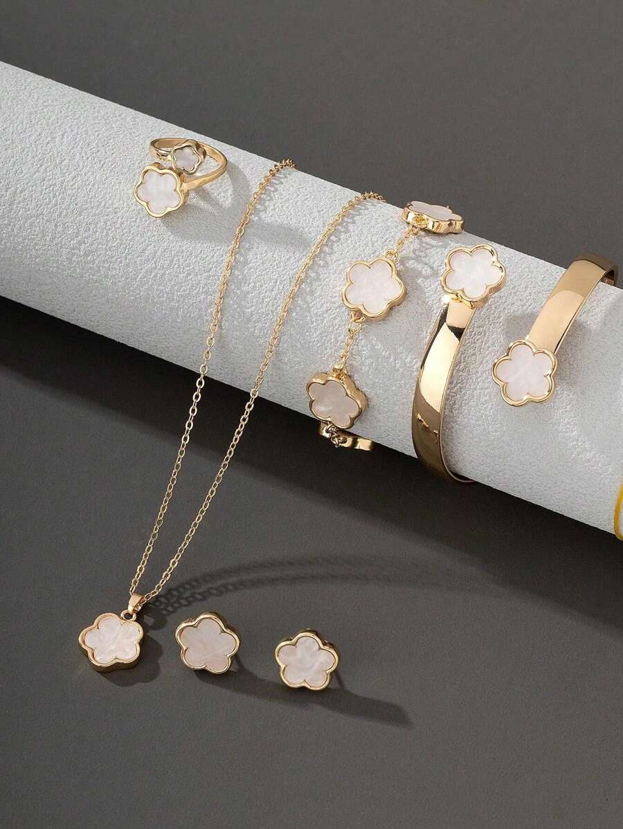 6 件套幸运四叶草首饰套装 - 包括手链、项链、耳环、戒指、手镯 - 复古度假风格金色女士配饰
