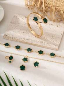 6 件套幸运四叶草首饰套装 - 包括手链、项链、耳环、戒指、手镯 - 复古度假风格金色女士配饰