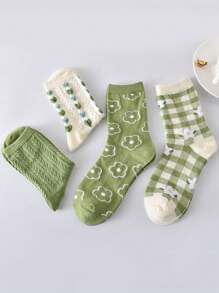 1/5 Pairs Women Ditsy Floral Argyle Pattern Jacquard Heart Textured Mid-Calf Socks, Sweet & Versatile For Daily Wear (Random Style Out Of 5 Pairs)